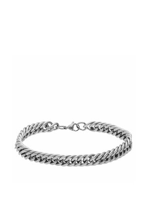 Zilveren schakelarmband met curb schakelontwerp en karabijnsluiting, weergegeven op een effen witte achtergrond.