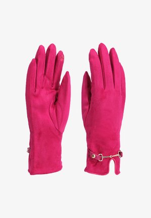 Guanti in suede rosa con una texture liscia, caratterizzati da un accento decorativo in metallo dorato e un design con polsino aperto.