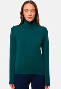 Türkiser Rollkragenpullover mit langen Ärmeln, aus weichem Stoff, mit lockerer Passform und gerippten Bündchen und Saum.