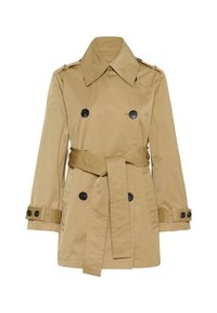 Dvigubai sagstomas smėlio spalvos tranšėjos paltas su plačiu apykakle, juodais mygtukais, diržu liemenyje ir reguliuojamais rankogalių dirželiais.