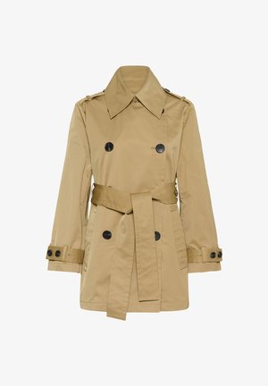 Beige double-breasted trench coat with wide collar, black buttons, belted waist, and adjustable cuff straps.