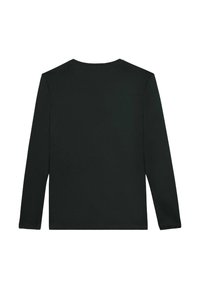 Maglia nera a maniche lunghe in cotone con scollatura rotonda e una texture liscia, caratterizzata da un design semplice senza decorazioni.