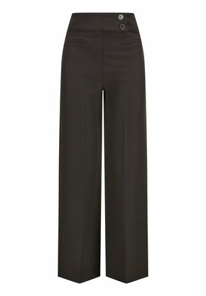 Platas kājas bikses tumši brūnā audumā, ar augstu jostasvietu un divām pogām, kā arī priekšējām kabatām. Gluda tekstūra un pielāgota dizaina. 