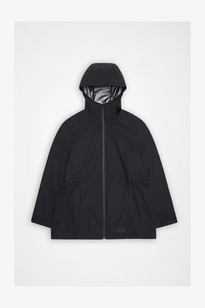 Black waterproof hooded raincoat with front zipper and adjustable drawstrings at waist and hood, laid flat on white background.