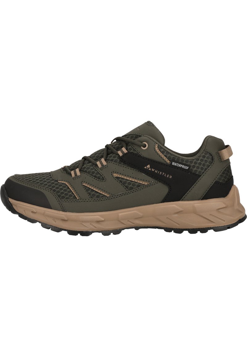 Zapatillas deportivas impermeables con un upper de oliva oscuro, detalles en malla, acentos en color marrón claro, una suela de goma resistente y branding reflectante.