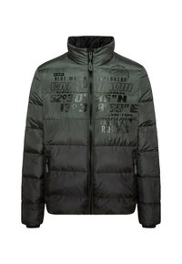 Padded Jacke in Dunkelgrün mit hohem Kragen, Front-Reißverschluss, zwei Seitentaschen und bedruckten Grafiken in Schwarz und Grau.