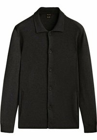 Cardigan gris foncé en tissu maille, avec col plat, fermeture boutonnée à l'avant, deux poches latérales et poignets côtelés.