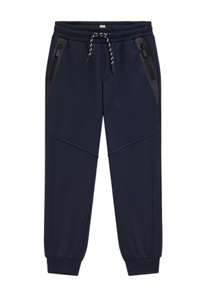 Pantalon de jogging bleu marine avec taille élastique, poches latérales zippées noires, cordon noir et blanc et chevilles resserrées.