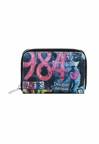 Zippered wallet in fabric featuring colorful graffiti-style print. Prominent elements include bold numbers, a cat illustration, and various text.