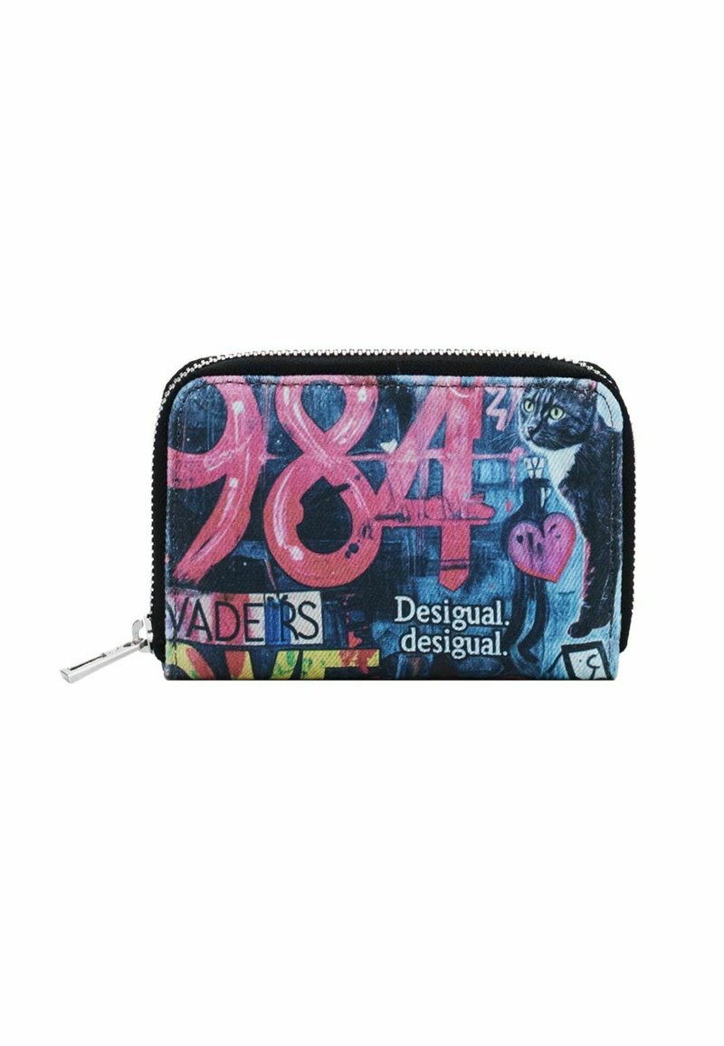 Zippered wallet in fabric featuring colorful graffiti-style print. Prominent elements include bold numbers, a cat illustration, and various text.