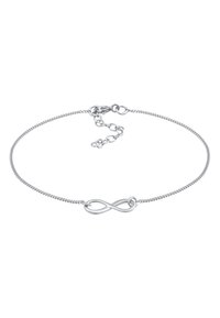 Pulsera de plata con una fina cadena, que presenta un centro con el símbolo de infinito. Diseño sencillo con un broche de resorte y longitud ajustable.