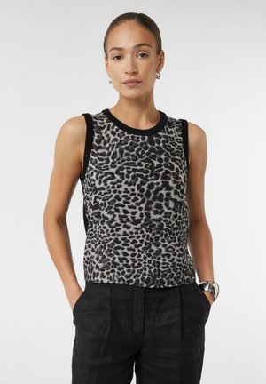 Sleeveless top in gray with black leopard spots, featuring a round neckline and contrasting black trim along the shoulders.