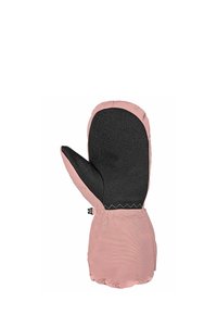 Rosa Handschuh mit einer schwarzen strukturierten Handfläche und Daumen. Stoffaußenfläche mit elastischem Handgelenk. Geeignet zum Schutz vor Hitze beim Kochen.