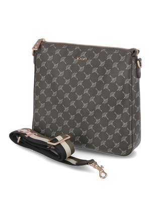 Borsa a tracolla Joop! con motivo scuro, cerniera dorata e tracolla staccabile a strisce nere, beige e rosa con fermaglio dorato.