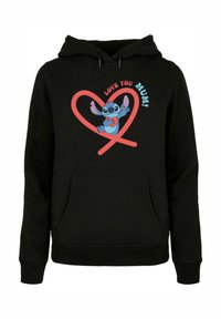 Must juba, millel on graafiline disain, kus sinine multikaarakteer hoiab südant, ümbritsetud punasest südamest ja tekstiga "ARMASTAN SIND, EMA!"