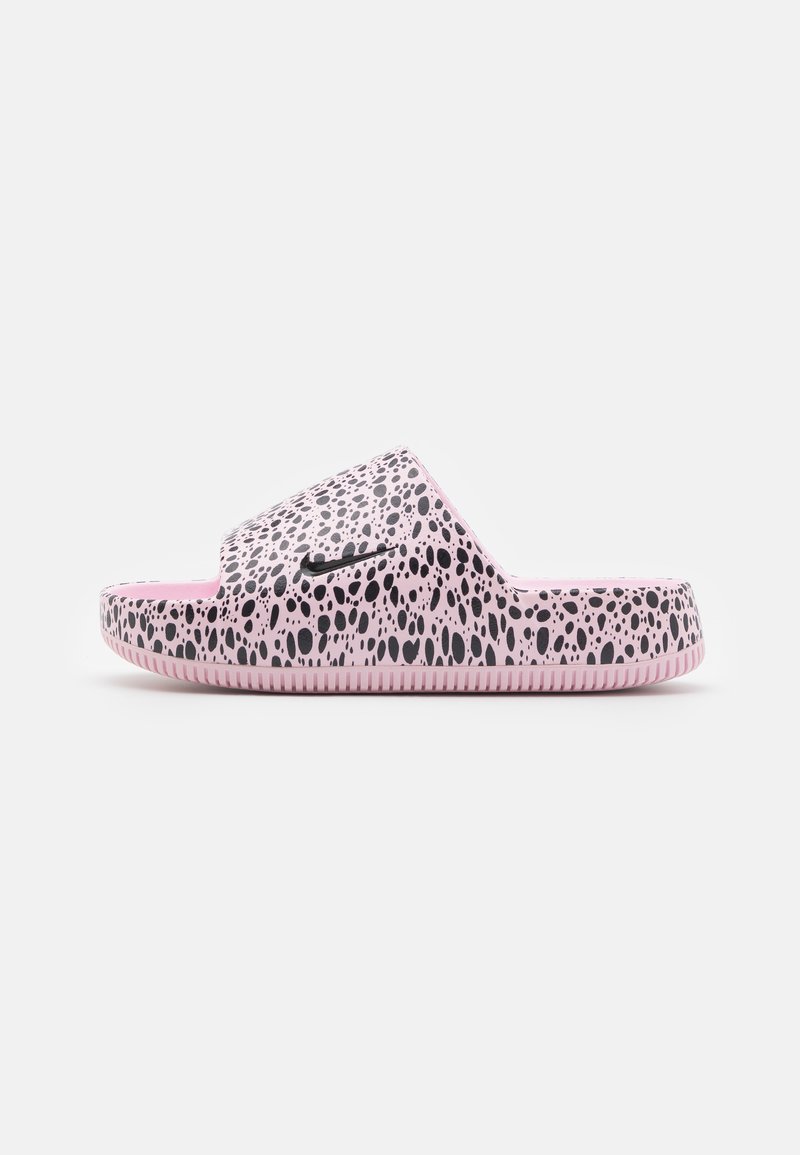 Black and pink slide sandal featuring a spotted pattern, rubber material, a flat sole, and a sculpted slip-on design with a logo accent.