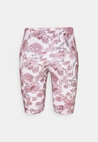 Högmidjade cykelshorts i en rosa blommönsterdesign, med olika blomster mönster på ett ljusrosa tyg med en slät textur.