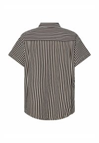 Camicia a maniche corte a righe marroni e bianche con colletto e orlo dritto, caratterizzata da righe verticali e una vestibilità rilassata.