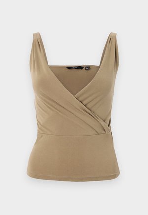 Beige ärmelloses Top mit tiefem V-Ausschnitt und Wickeldesign. Hergestellt aus glattem Stoff mit dezenten Falten an den Schultern und taillierter Passform.