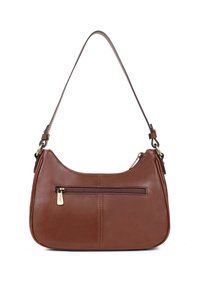 Borsa a spalla in pelle marrone con una forma curva, dotata di una tasca frontale con zip, finitura testurizzata e una sola tracolla regolabile.