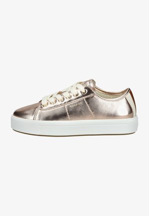 Metallic rose gold sneaker with a smooth leather upper, white rubber sole, and cream laces. Features minimalistic design and gold branding.
