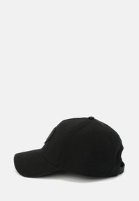 Black cotton baseball cap with a curved visor, adjustable strap, and a textured logo patch on the front.