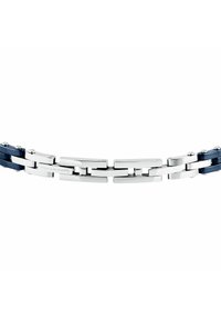 Bracciale in acciaio inox argentato con accenti in gomma blu, caratterizzato da anelli rettangolari interconnessi e una finitura lucida.