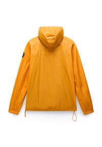Yellow waterproof jacket with a hood, elastic cuffs, and drawstring hem. Features a logo on the left sleeve and smooth, shiny texture.