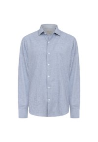 Blå og hvidt ternet langærmet skjorte lavet af stof med en tekstureret følelse. Har en button-down krave og frontknapper.