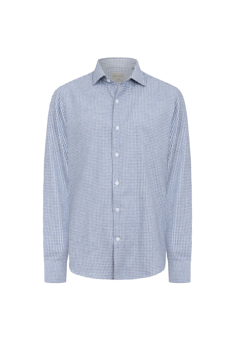 Blå og hvidt ternet langærmet skjorte lavet af stof med en tekstureret følelse. Har en button-down krave og frontknapper.