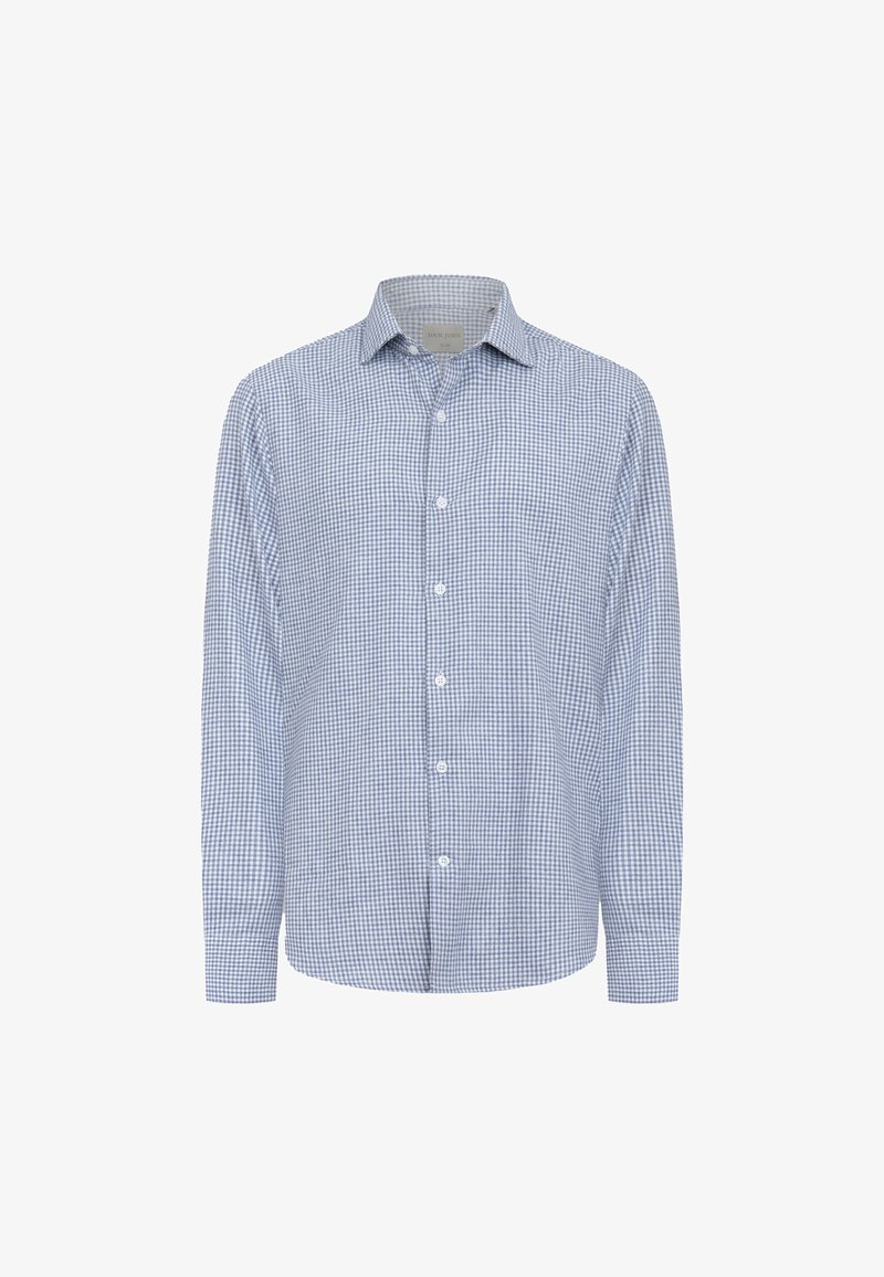 Blå og hvidt ternet langærmet skjorte lavet af stof med en tekstureret følelse. Har en button-down krave og frontknapper.