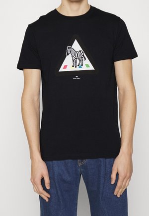 Black cotton t-shirt featuring a graphic of a zebra inside a white triangular shape with colored accents (red, blue, green) at the base.