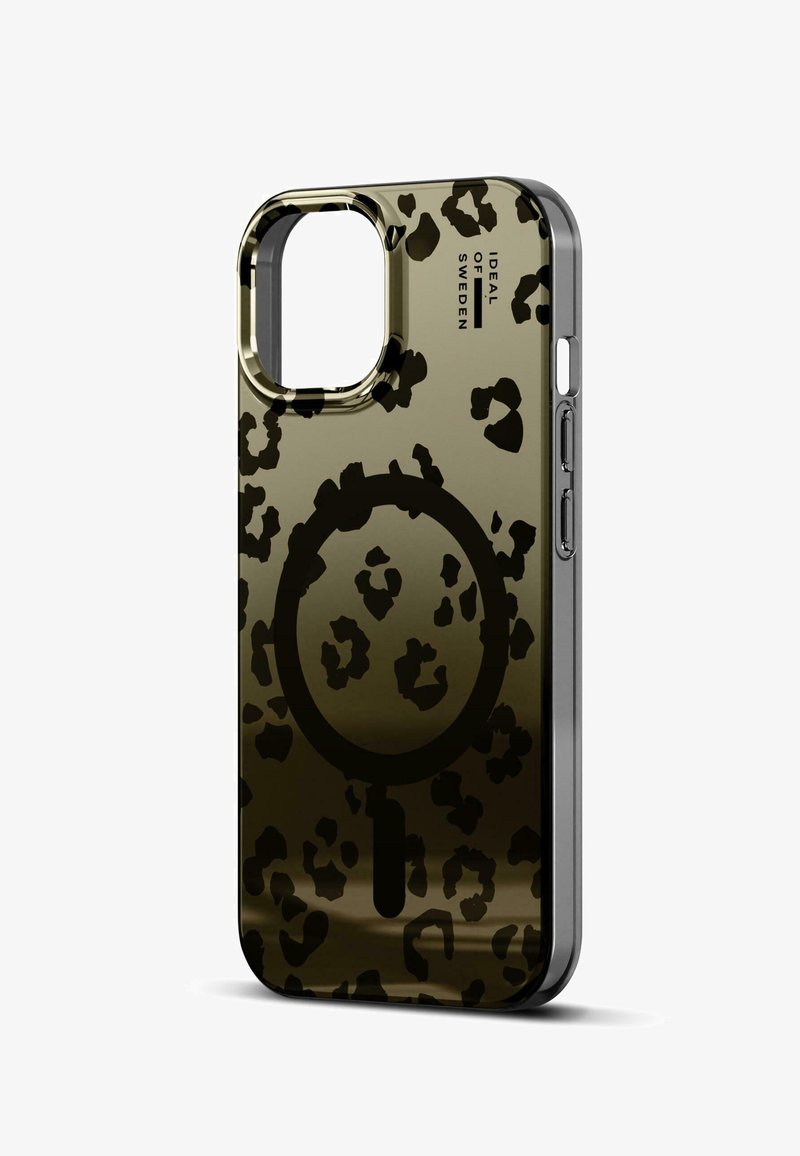 Funda de teléfono con una base transparente marrón y estampado de leopardo negro, un diseño de acento circular y un borde negro elegante.