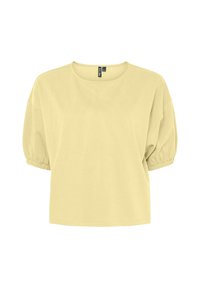 Kortärmad gul topp i mjukt tyg, med rund halsringning och rynkade detaljer på ärmarna för en avslappnad passform.