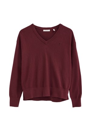 Jersey granate de manga larga con cuello en V, puños y bajo acanalados, con un pequeño logotipo bordado en el pecho izquierdo.