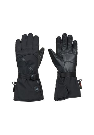 Pair of black insulated gloves with adjustable wrist straps, textured palms, and long cuffs against a white background.