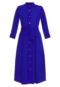 Blå skjortklänning med långa ärmar, knytbälte och knappar i guldton. Tillverkad av slät tyg med en midilängd och klassisk krage.