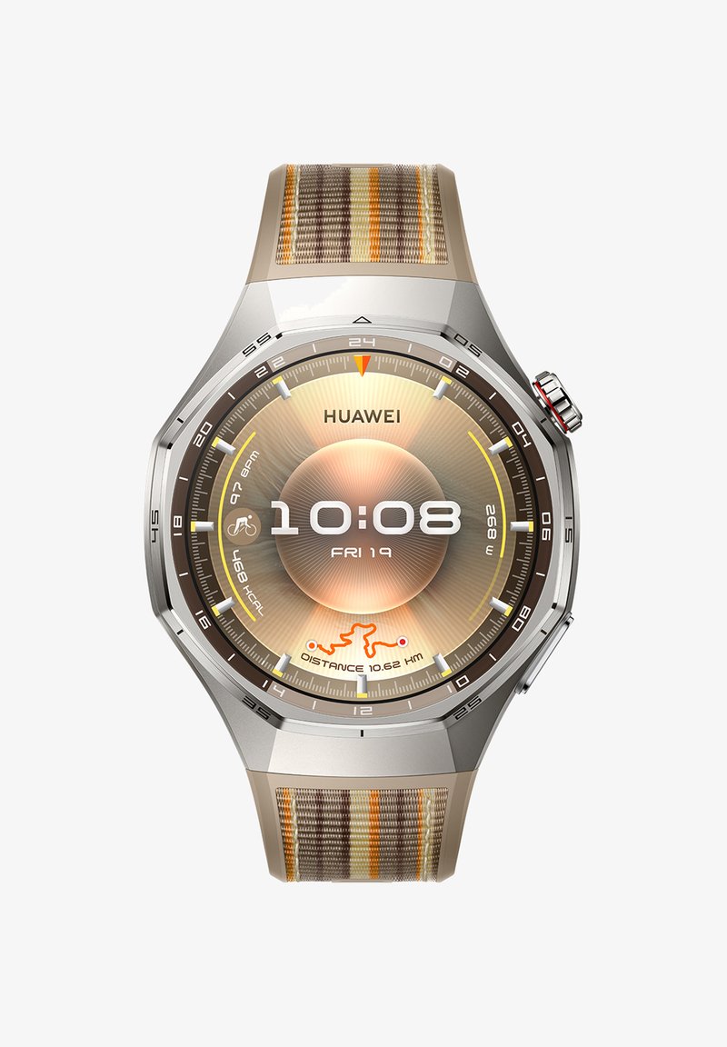 Smartwatch with a silver metal case, round dial, and a textured beige strap featuring orange stripes. Display shows time, date, and activity metrics.