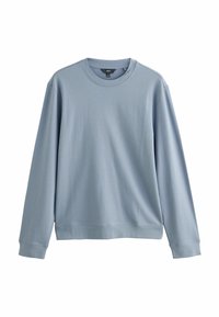 Sudadera de manga larga, azul claro, hecha de una tela suave. Presenta un escote redondo y puños acanalados con un diseño de ajuste relajado.