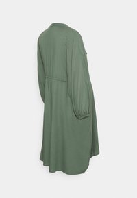Vestido verde-oliva com mangas longas e bufantes, com um corte descontraído. Tecido suave com uma costura na cintura ajustada e uma barra ligeiramente evasé.