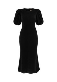 Czarna sukienka z bufiastymi rękawami, dopasowaną sylwetką, teksturowaną tkaniną z kwiatowym wzorem, okrągłym dekoltem i zwiewnym dołem.