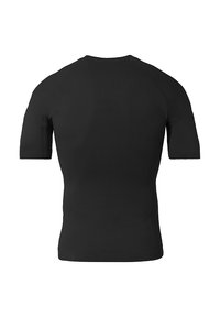 Zwart sportshirt met korte mouwen en een getailleerd ontwerp. Gemaakt van een textuurstof met subtiele patronen en verstevigde naden.