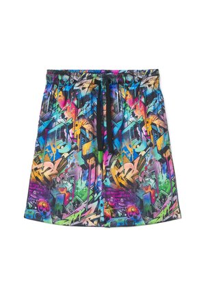 Pantaloncini corti multicolore con motivo astratto in stile graffiti nei toni vivaci del blu, rosa, verde e giallo, con vita regolabile con coulisse nera.