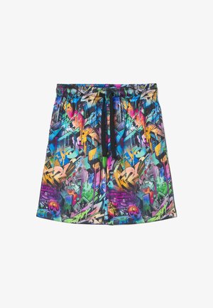 Pantaloncini corti multicolore con motivo astratto in stile graffiti nei toni vivaci del blu, rosa, verde e giallo, con vita regolabile con coulisse nera.