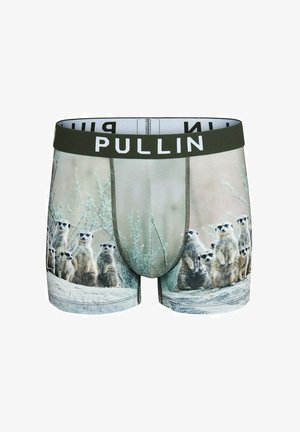 Boxer Pullin avec une ceinture élastique verte, arborant un imprimé détaillé de suricates sur un tissu clair, texture lisse, design ajusté.