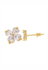 Boucle d'oreille en forme de cœur en or, ornée de quatre cristaux transparents disposés en motif floral, avec un fermoir sécurisé pour le port.