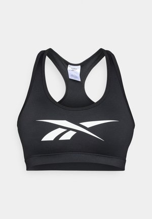 Sutien sport negru cu un design tip racerback. Prezentând un logo alb în față. Fabricat dintr-un material elastic și neted, ideal pentru îmbrăcăminte sportivă.