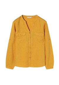 Mosterdgele knoopsluiting shirt met lange mouwen, twee voorzakken en een V-hals. Gemaakt van lichtgewicht, gestructureerde stof.