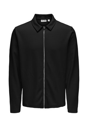 Veste noire à manches longues avec col et fermeture éclair argentée à l'avant, étiquetée "ONLY & SONS" en taille grande.