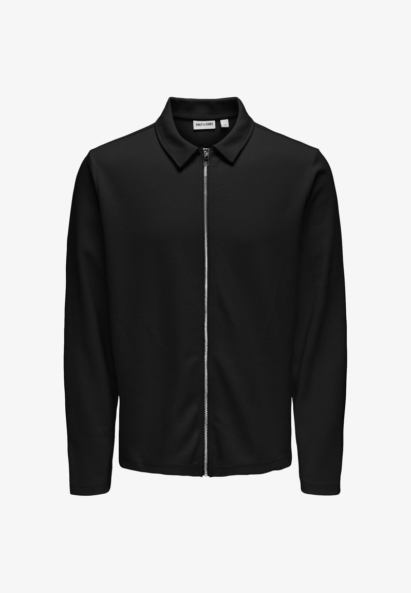 Veste noire à manches longues avec col et fermeture éclair argentée à l'avant, étiquetée "ONLY & SONS" en taille grande.